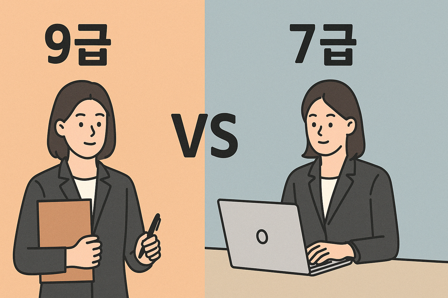9급과-7급의-차이를-비교하는-일러스트,-서류를-든-9급-공무원과-노트북을-사용하는-7급-공무원이-양쪽-배경에-나란히-배치됨,-직무-차이를-강조하는-구성