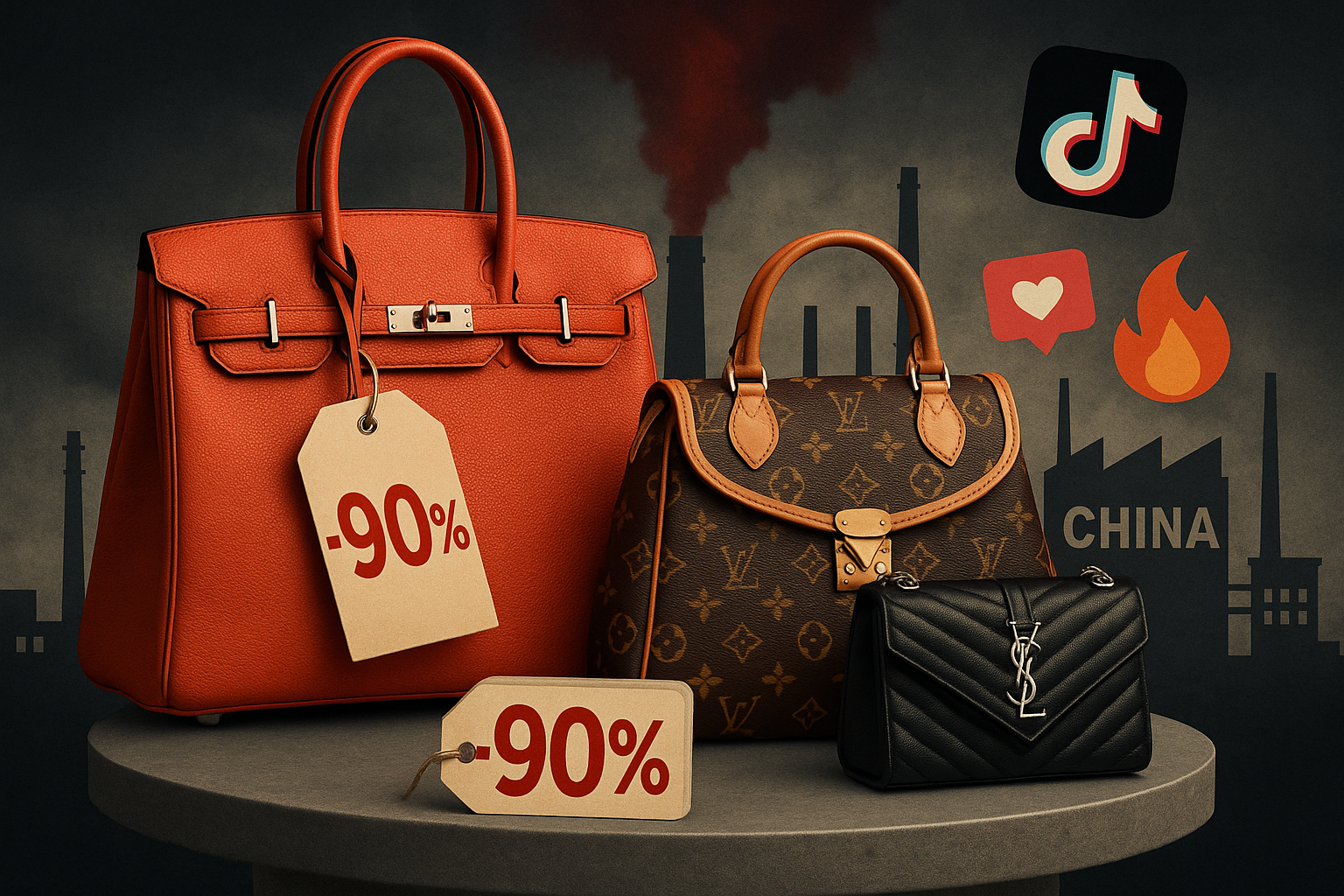 버킨, 루이비통 등 명품 핸드백이 받침대 위에 놓여 있고, 가격표가 90%나 깎여 있는 모습