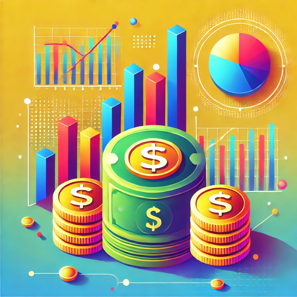 주식그래프와 돈을 표현하여 부자가 될 수있다는 내용을 표현한 그림