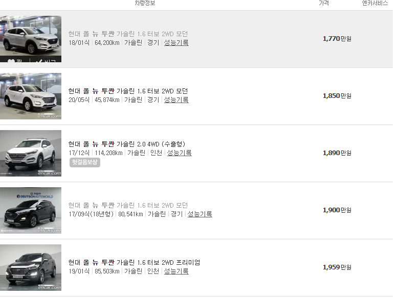 투싼 중고차 가격 연비 제원 특장점 오너평가