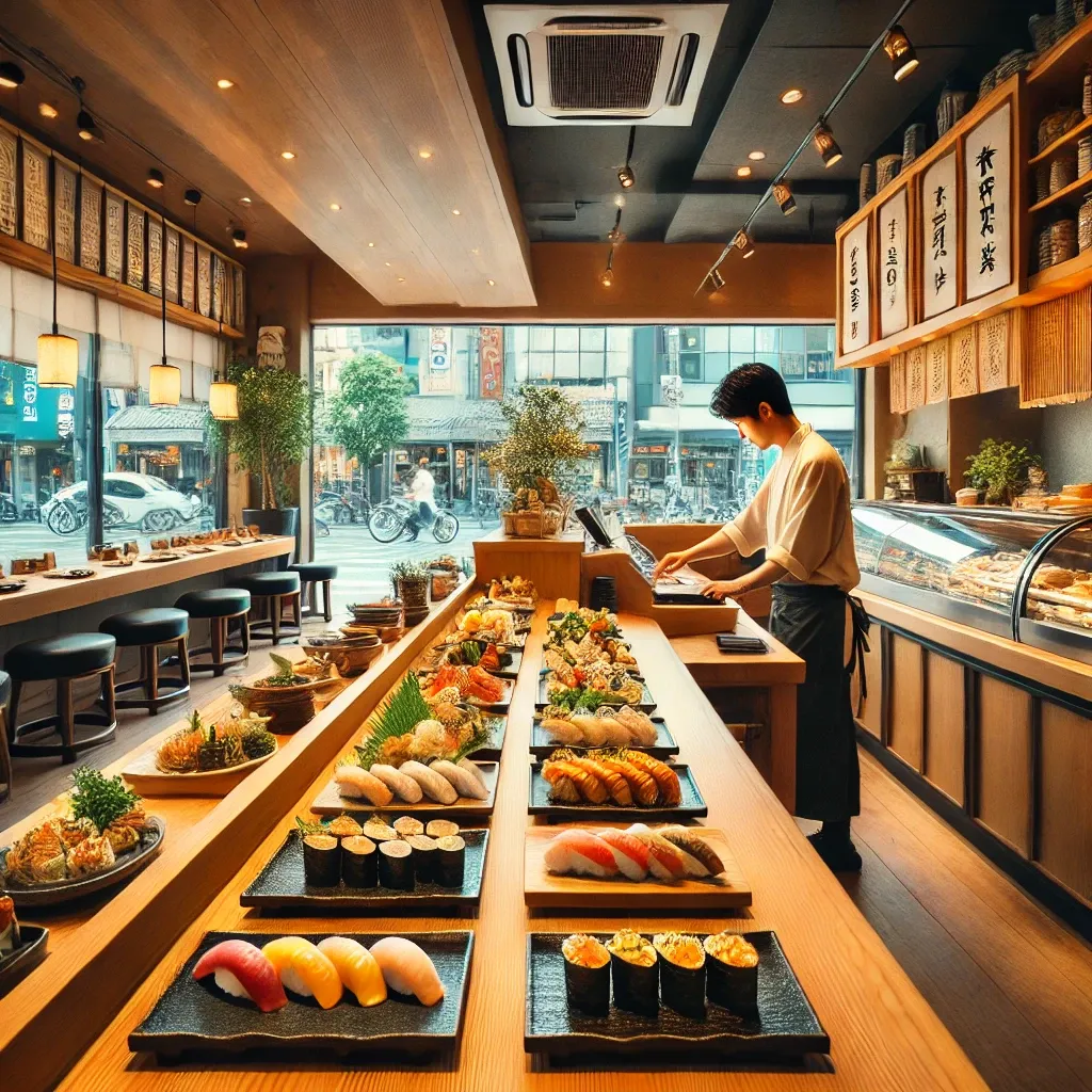 오사카의 스시집 내부에서 스시를 준비하는 요리사와 나무 카운터에 놓인 다양한 스시