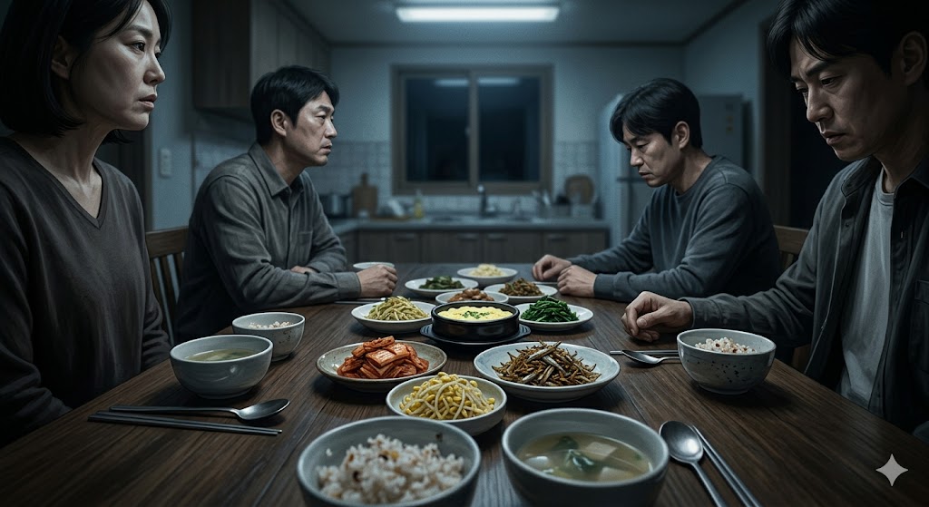 저녁 식탁 위에 소박한 반찬들이 차려져 있지만, 앉아 있는 인물들의 시선이 철저히 허공을 향해 엇갈려 있는 팽팽하고 정적인 분위기의 일러스트