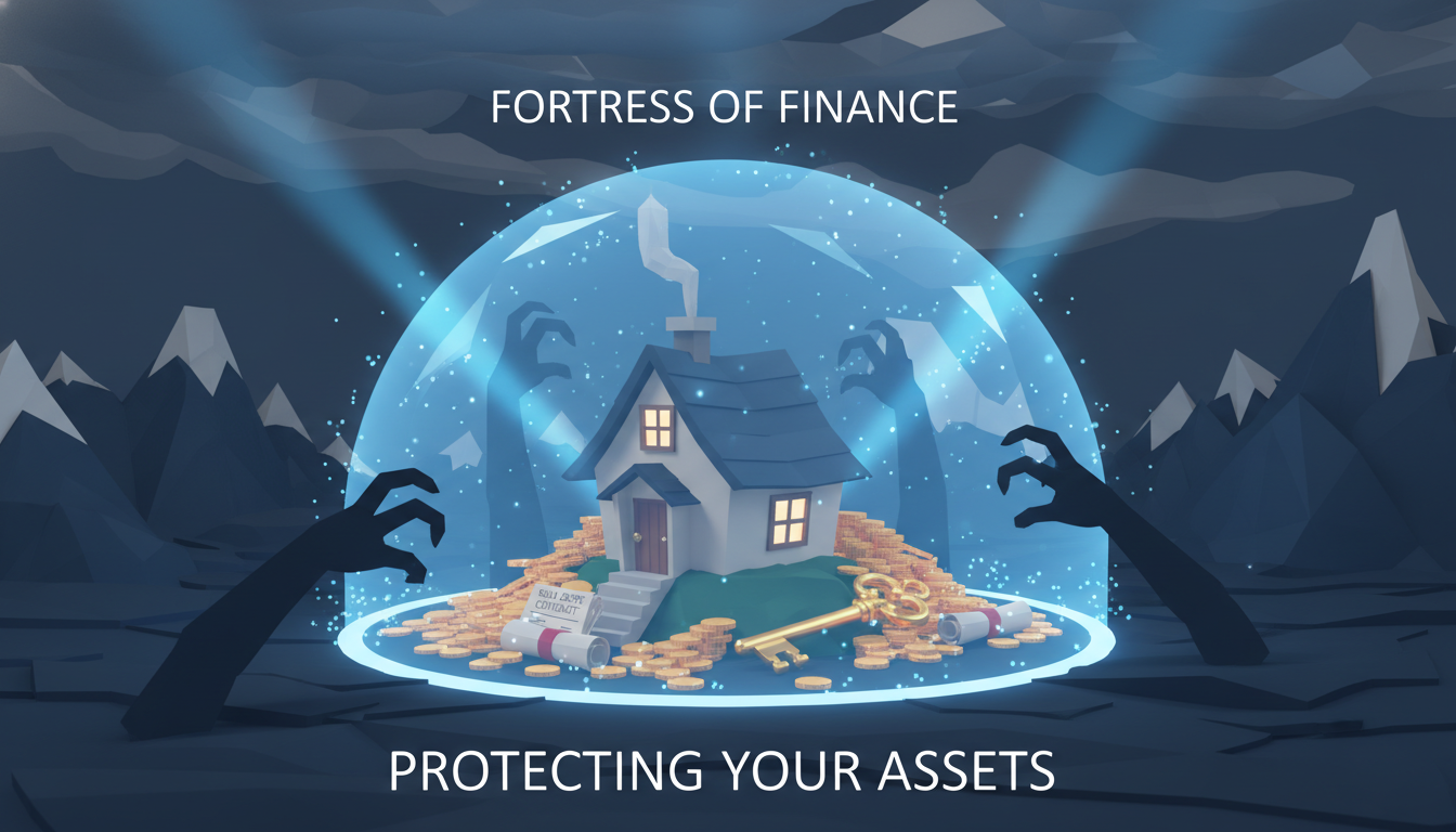 안전한 방패 쉴드로 보호받고 있는 집과 전세 계약서, 황금 열쇠를 묘사한 3D 일러스트