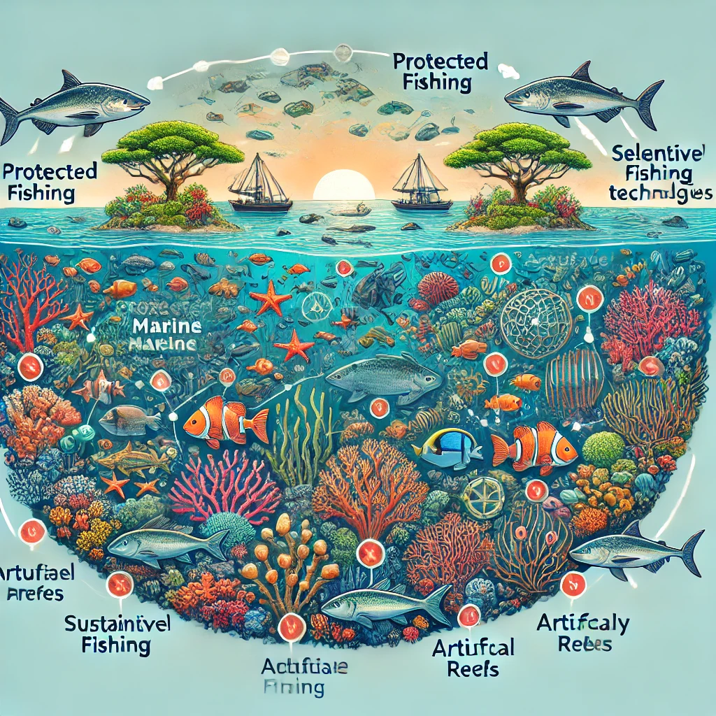 이 이미지는 해양 생물 다양성 보호를 위한 지속 가능한 어업 전략을 묘사하고 있습니다. 보호된 해양 구역, 선택적 어획 기술, 인공 어초, 지역 사회가 관리하는 구역이 포함되어 있으며, 다양한 어종과 건강한 해양 생태계가 조화를 이루는 모습이 해양 보존 노력이 해양 건강에 미치는 긍정적인 영향을 상징적으로 나타냅니다.