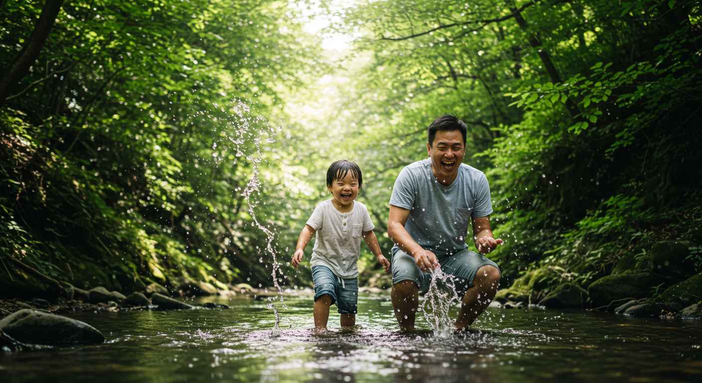 아빠와 아이가 숲속 계곡물에서 즐겁게 물장구를 치는 모습. 햇살이 나뭇잎 사이로 비치고 있다