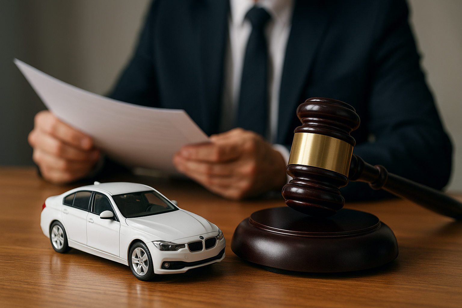 자동차 경매를 나타내는 이미지(흰색 자동차, 법정망치, 문서들고 있는 남자)