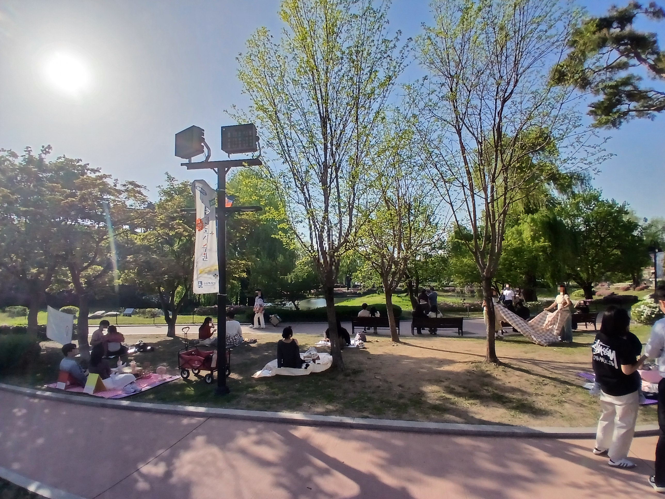 수원화성 용연 피크닉 모습, 가족과 커플이 돗자리 깔고 쉬는 공간