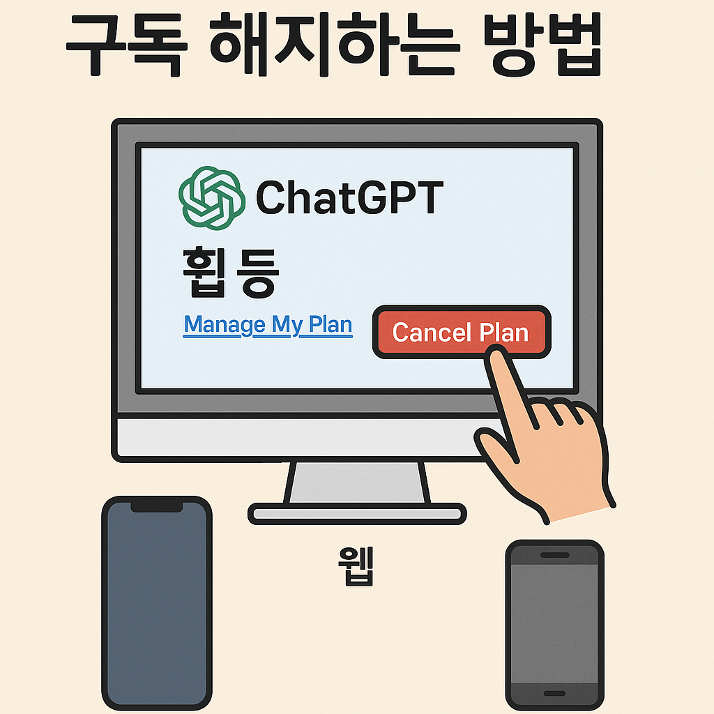 ChatGPT Plus 구독 해지 과정을 요약한 인포그래픽. PC 웹, iPhone, Android 각 기기별로 구독 취소 단계가 일러스트로 표현됨