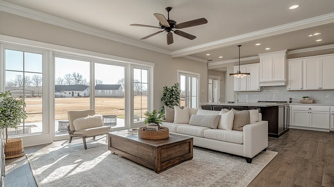 공간 전체를 효율적으로 냉방하는 무풍 에어컨이 설치된 넓은 가족 공간이 특징입니다. 자연광이 쏟아지며 에너지 효율과 편안함을 강조합니다.