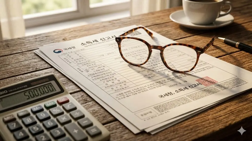 연말정산 의료비 세액공제 신청용 안경 구입 영수증과 소득세 신고서 계산기