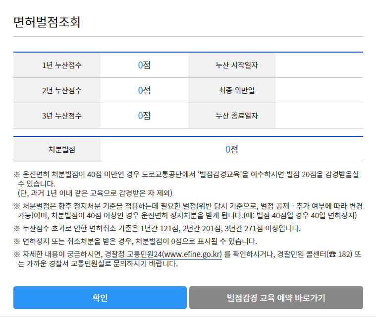 운전면허 벌점 조회 결과 화면