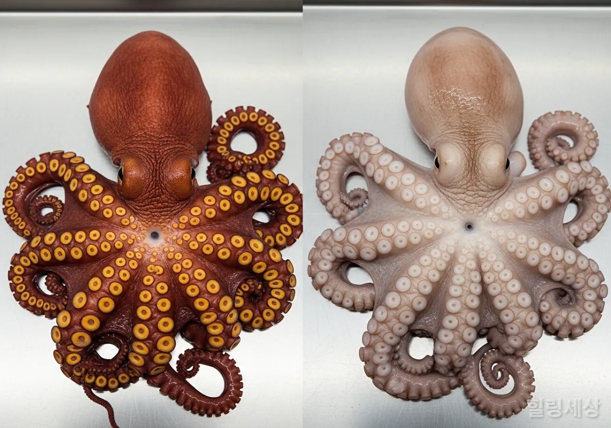 국산 주꾸미의 특징인 금색 고리 무늬와 수입산 주꾸미 비교 사진