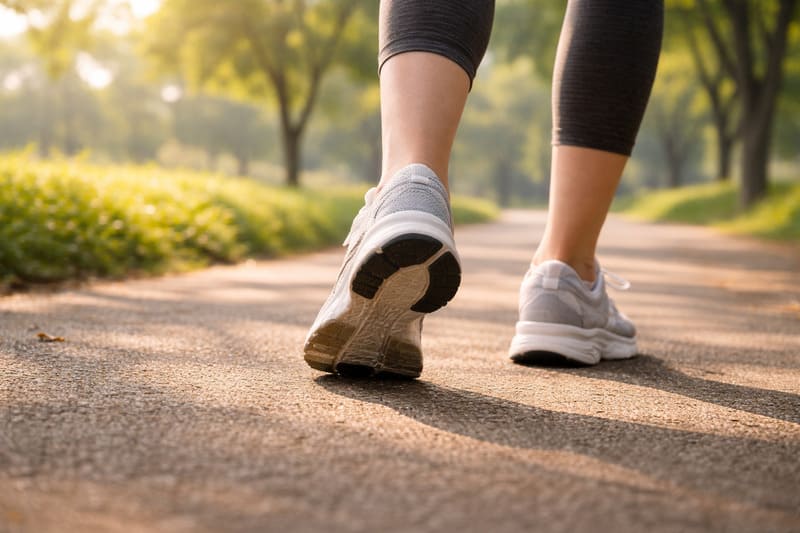 공원 산책로 위를 운동화를 신고 걷고 있는 사람의 다리와 발을 아래쪽에서 촬영한 모습