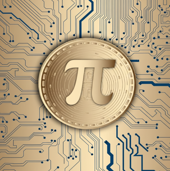 황금색 전자 회로 기판 배경 위에 놓인 입체적인 파이(&pi;) 기호 골드 코인 일러스트