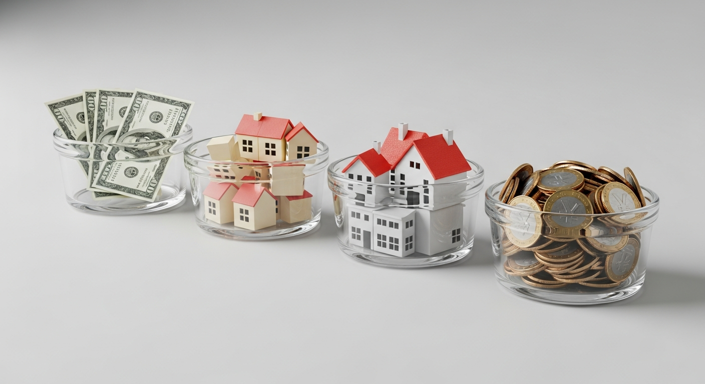 주식, 채권, 부동산, 통화를 상징하는 내용물이 각각 담긴 여러 유리 그릇들이 깔끔하게 배열된 모습