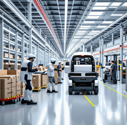 미래지향적인 물류 센터의 모습. 심보틱의 로봇들이 인간 작업자들과 조화롭게 협업하는 모습이 보이며, 첨단 기술과 인간의 창의성이 결합된 효율적인 작업 환경을 보여줍니다.