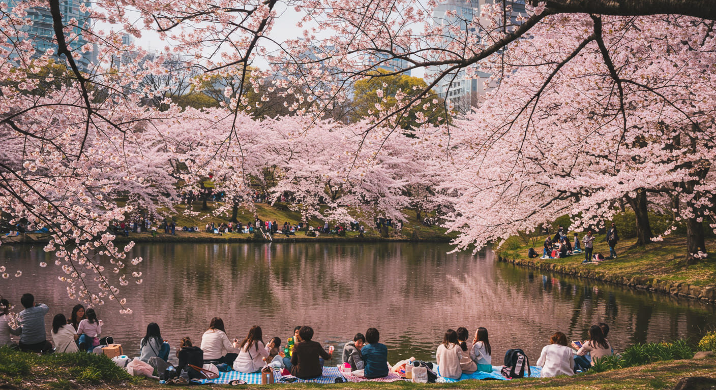 도쿄 우에노 공원의 벚꽃과 피크닉 풍경