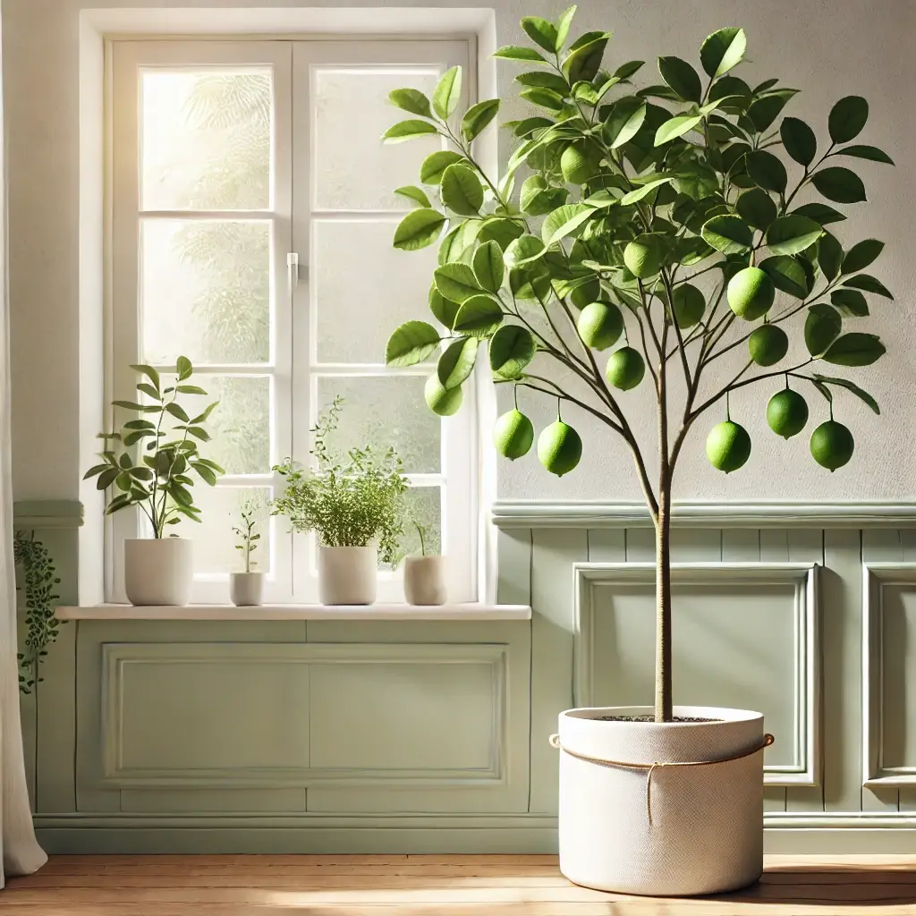 실내 창가에 놓인 화분 속 라임나무가 푸른 잎과 작은 열매를 자랑하며 따스한 햇살을 받고 있는 모습.