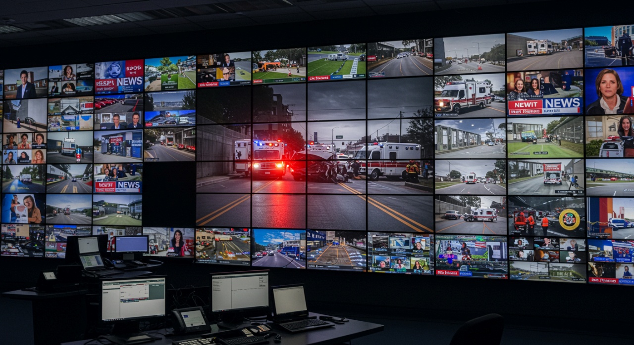 중앙 화면에 교통사고 뉴스가 강조된 디지털 뉴스룸