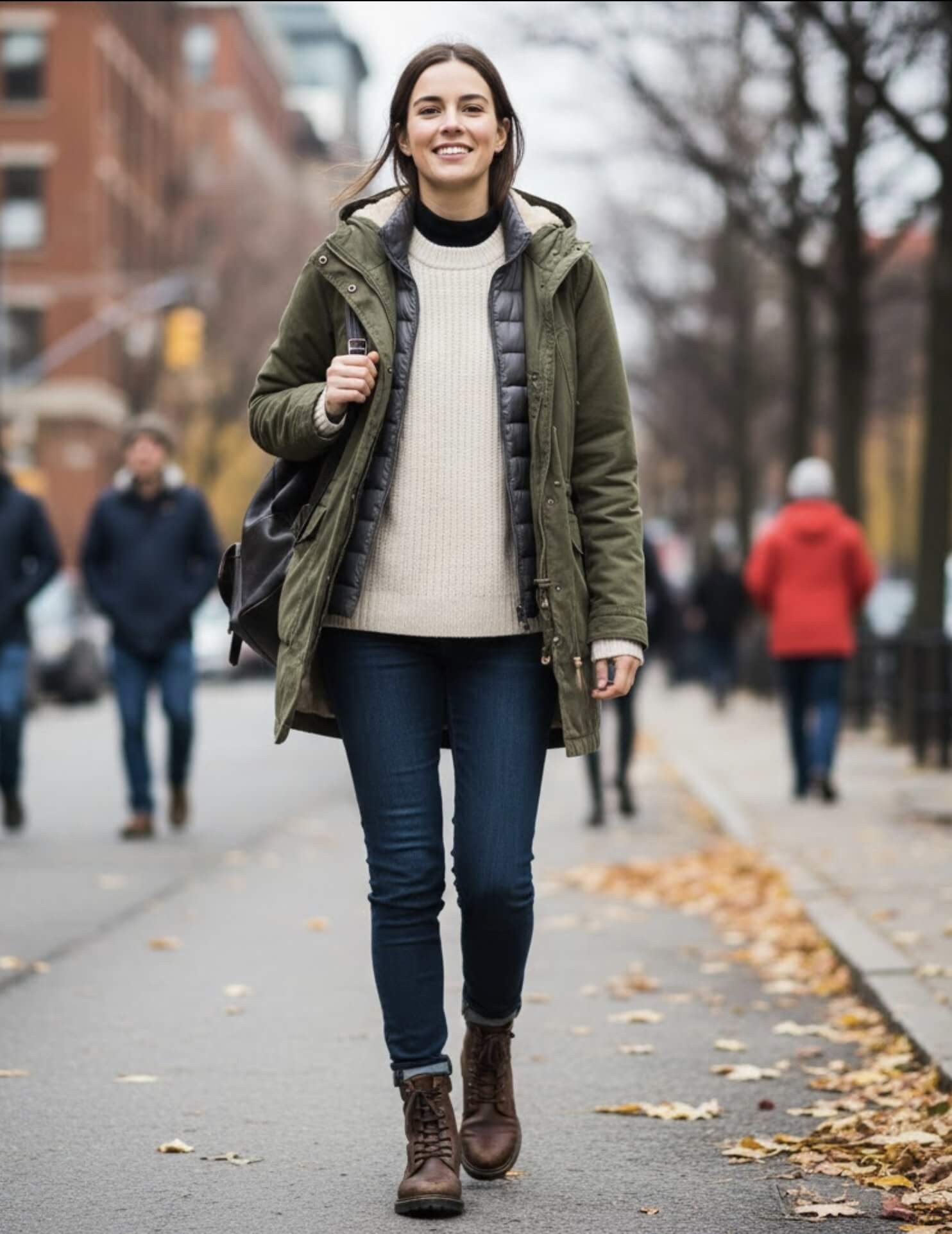 카키색 야상 점퍼를 걸치고 있는 여성