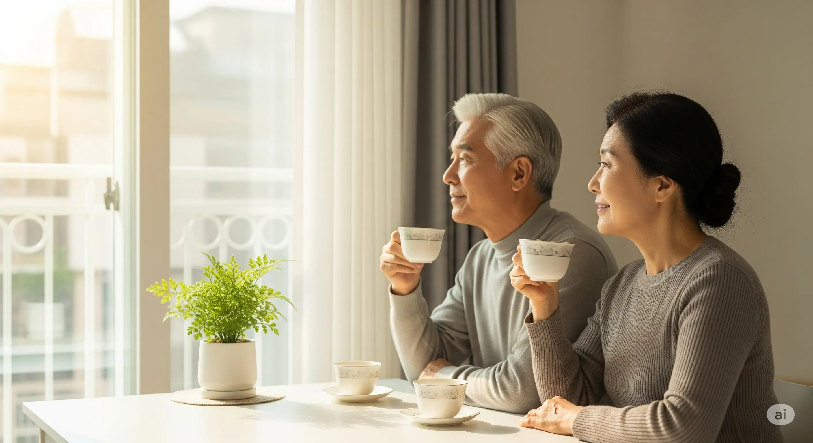 아보하, 60대가 실천하는 생활로 부부가 차를 마시는 장면