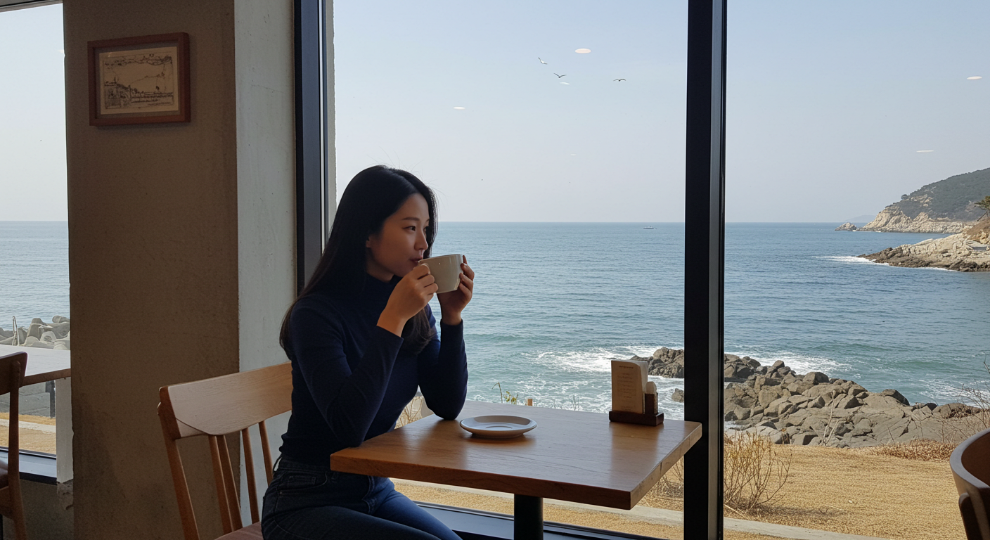 평창 자연 속 바다뷰 카페에서 커피 마시는 한국 여성