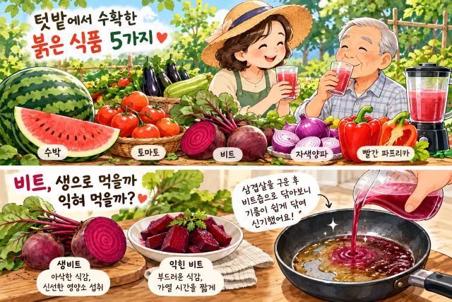 토마토, 수박, 비트, 자색양파, 빨간 파프리카 등 붉은 식품 5가지와 생비트&middot;익힌 비트의 비교 그림