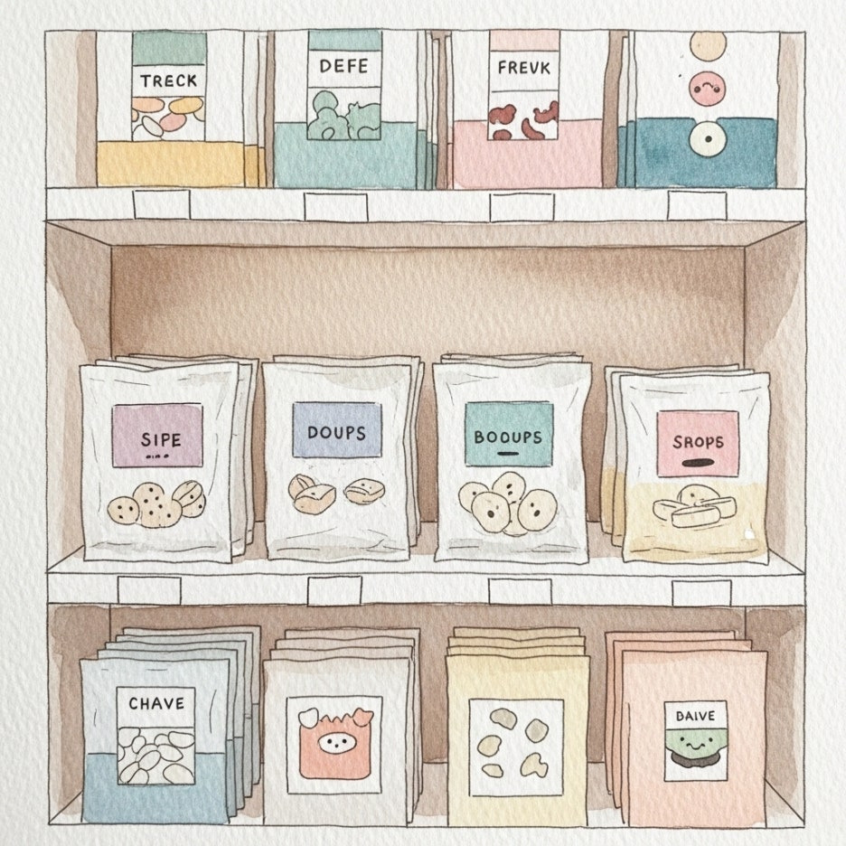 깔끔하게 정리된 매장 내 과자 진열대 풍경