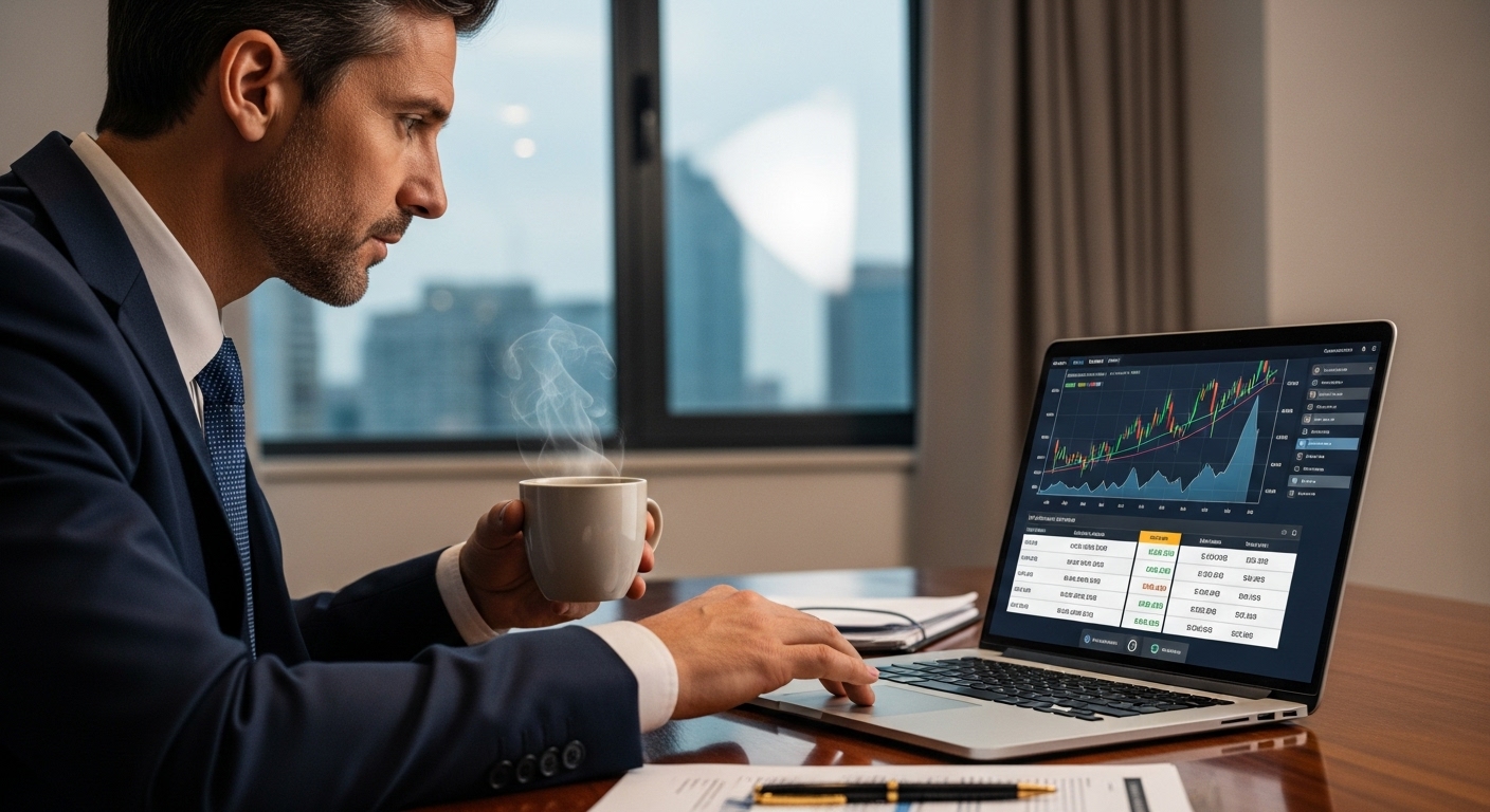 노트북으로 금 투자 현황을 확인하는 투자자의 모습