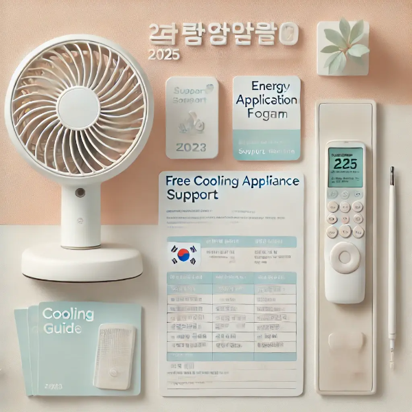 하얀 배경 위에 무료 냉방기기 지원 신청서, 리모컨, 소형 선풍기 등이 정돈된 전문 스튜디오 촬영 사진