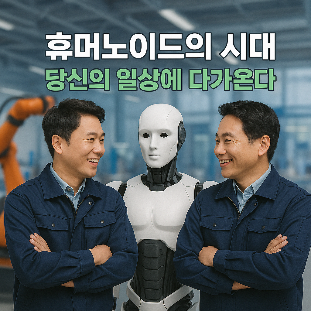 휴머노이드 로봇과 함께 웃으며 토론하는 두 명의 한국인 AI 엔지니어