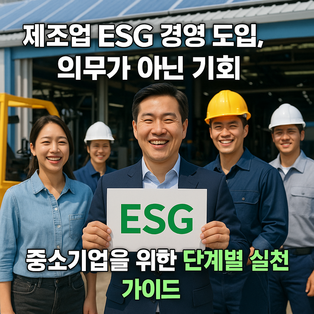 공장 앞에서 ESG 보드를 들고 웃는 한국인 대표와 직원들