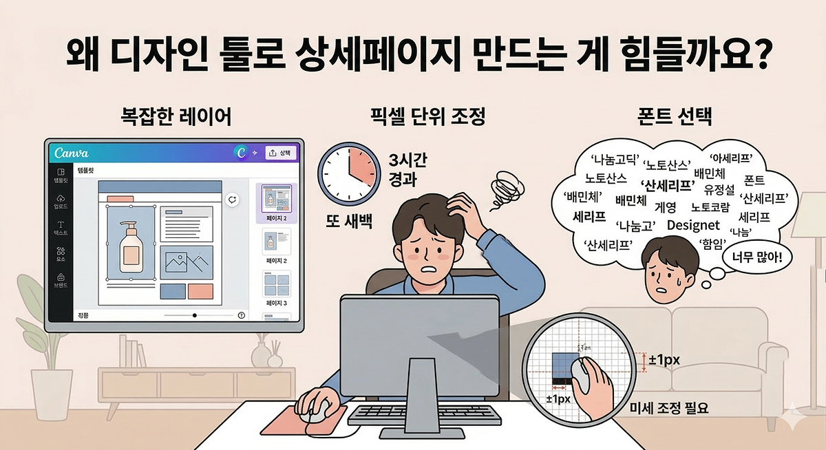 복잡한 디자인 툴 사용으로 인해 어려움을 겪는 초보 셀러의 고민 상황 인포그래픽