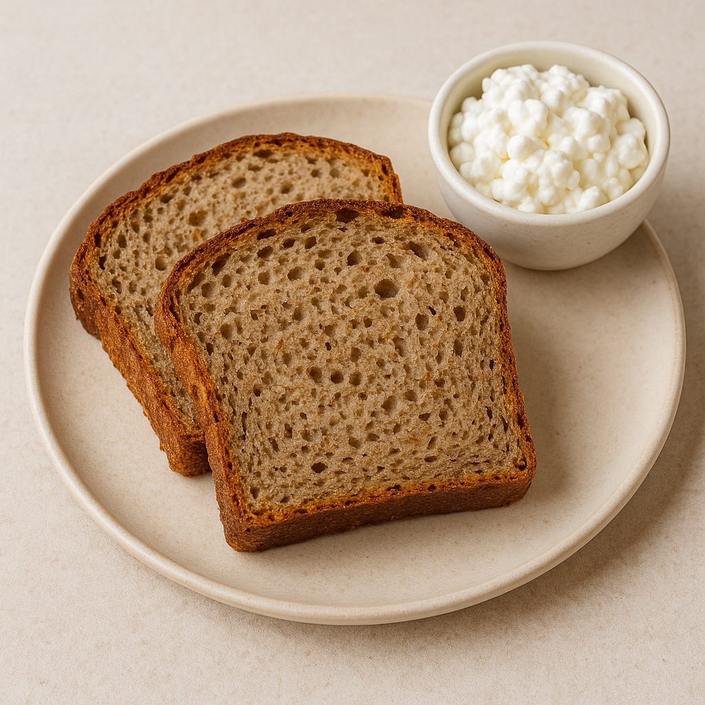 실사에 가까운 메밀빵 두 조각과 작은 그릇에 담긴 코티지 치즈. 담백하고 건강한 당뇨 환자용 간식.