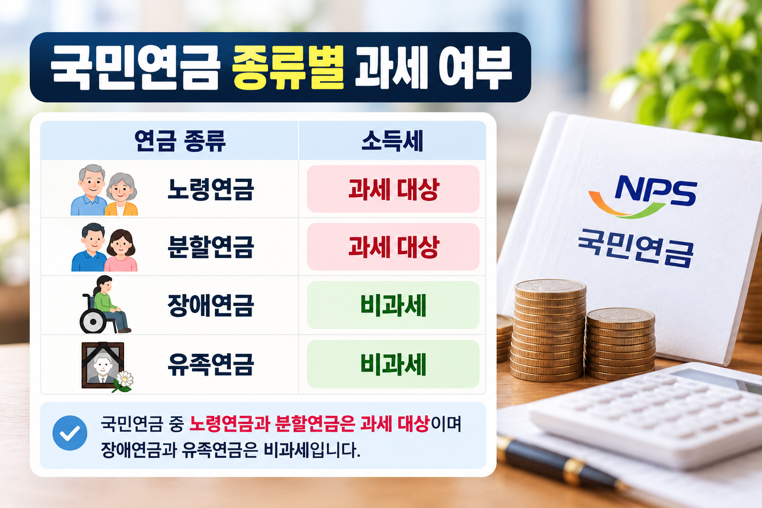 국민연금 종류별 소득세 과세 여부 비교, 노령연금과 분할연금은 과세 대상이며 장애연금과 유족연금은 비과세