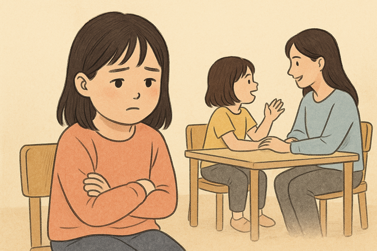 떨어져 혼자 앉아 있는 여자아이가 팔짱을 낀 모습. 교실 안에서 멀리 보이는 아이와 엄마의 대화 장면이 대비되는 장면.