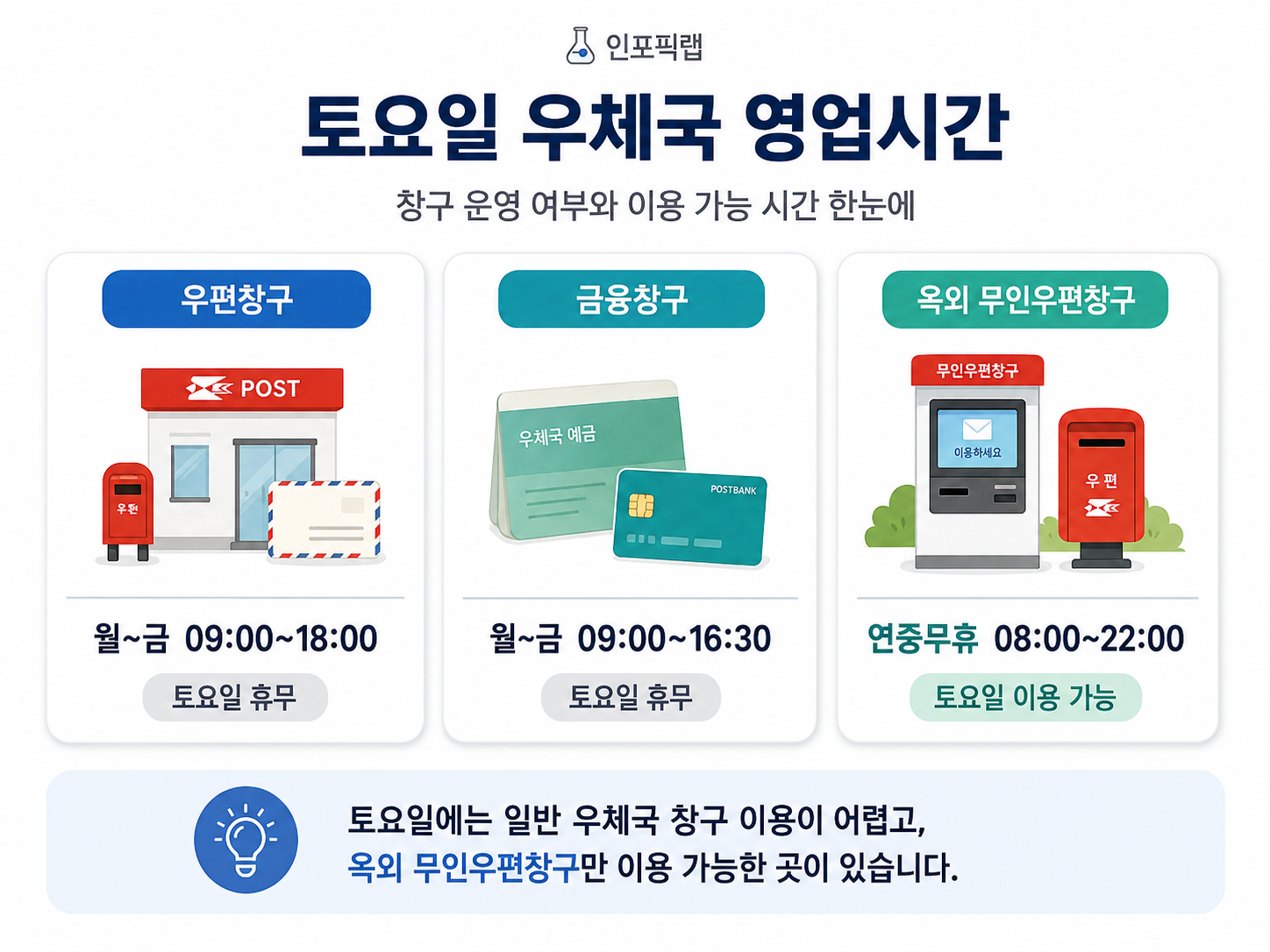 토요일 우체국 우편창구 금융창구 옥외 무인우편창구 운영시간 안내 이미지