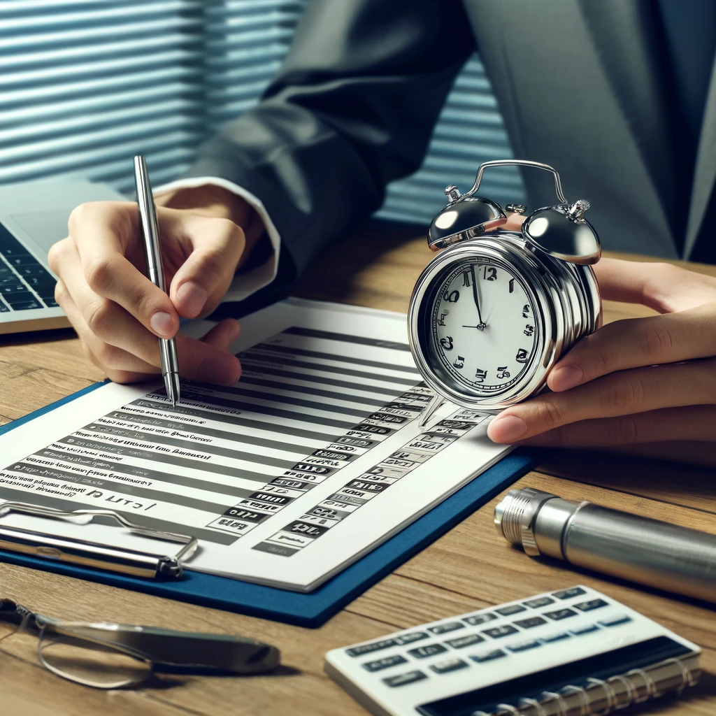 경매 전에 체크리스트와 타임라인을 검토하는 사람