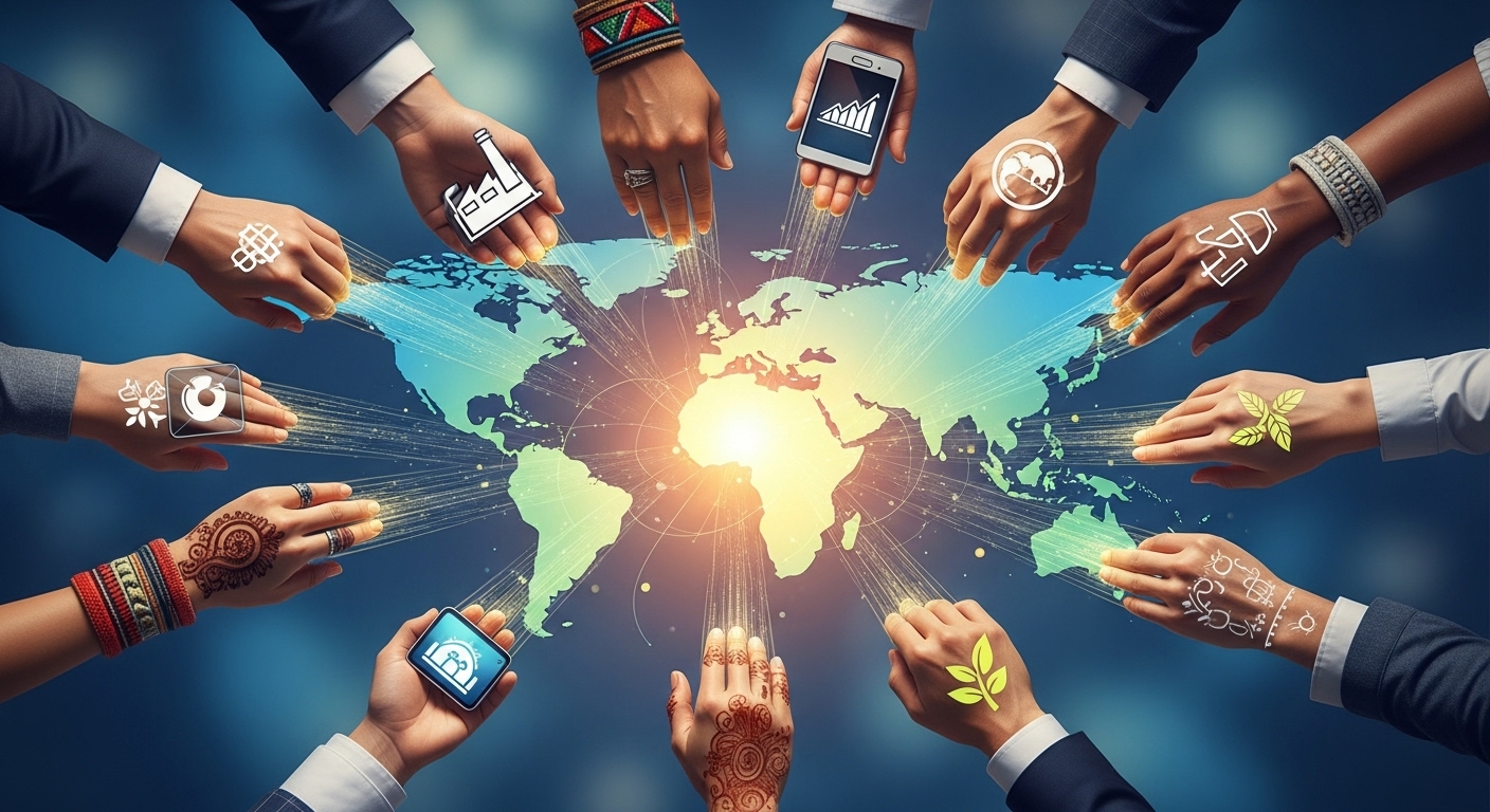 다양한 국가의 손들이 서로 맞잡고 있는 모습으로, 글로벌 경제 협력과 발전을 상징합니다.