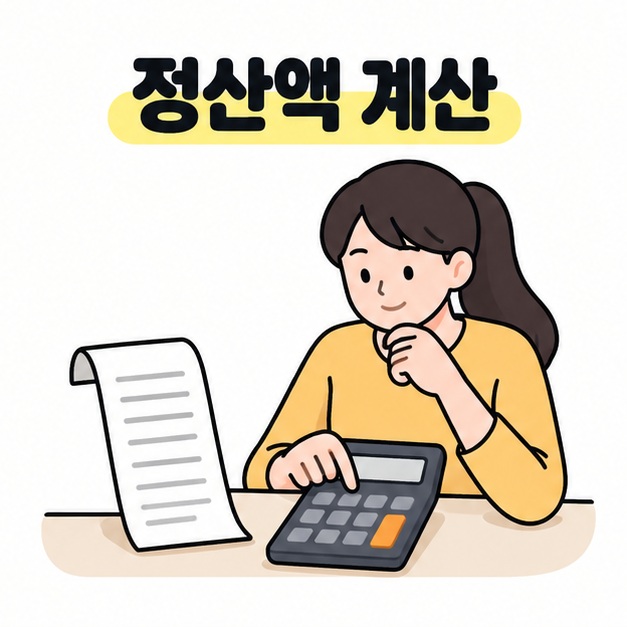 정산액 계산 문구 아래에서 판매자가 영수증 옆의 계산기를 눌러 정산액을 확인하는 그림