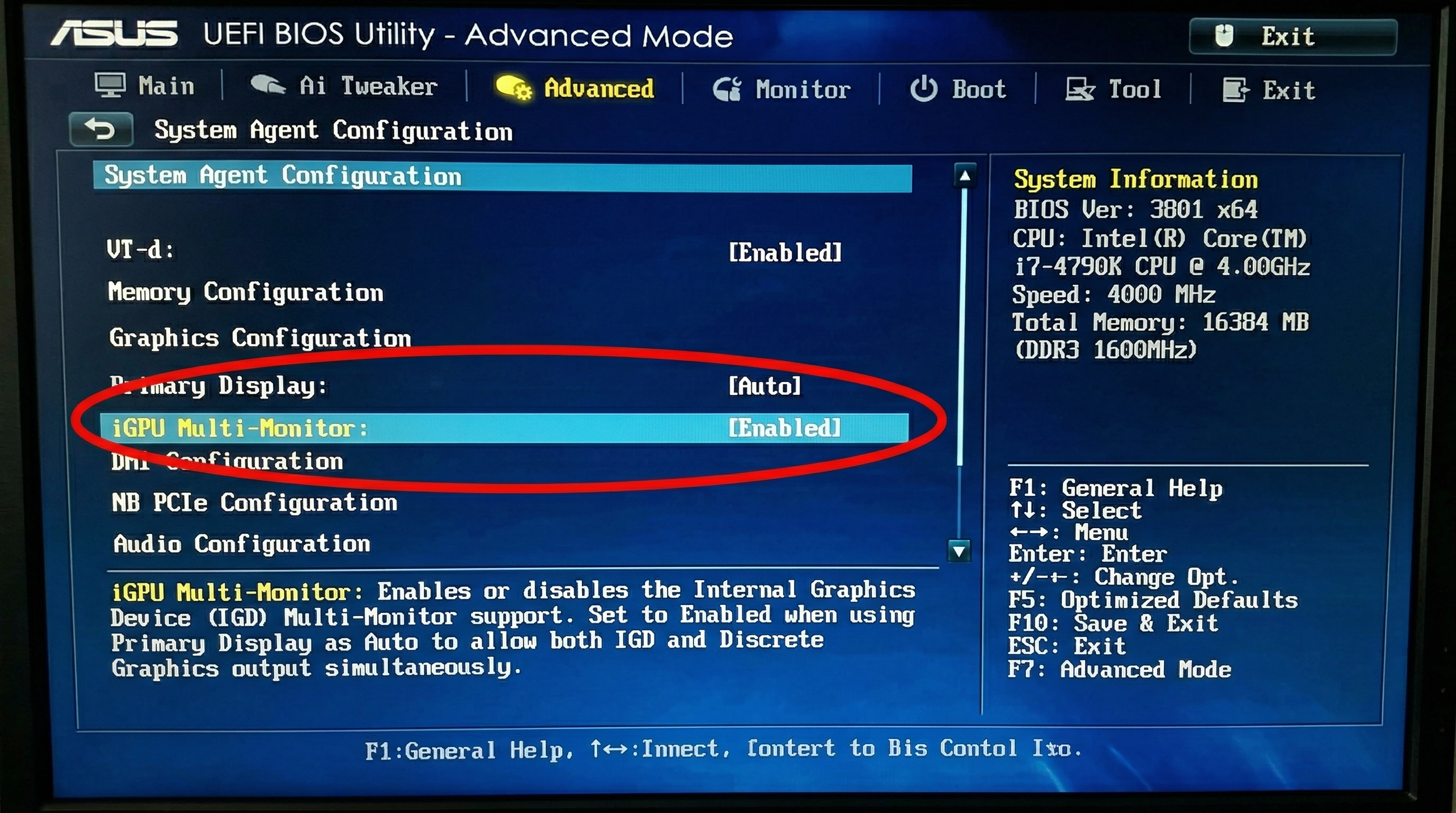 BIOS IGD Multi-Monitor 내장 그래픽 멀티 모니터 설정 화면