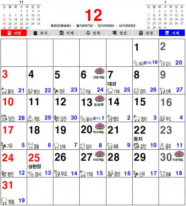 2023년 12월 음력 달력, 불교 달력, 일진 달력
