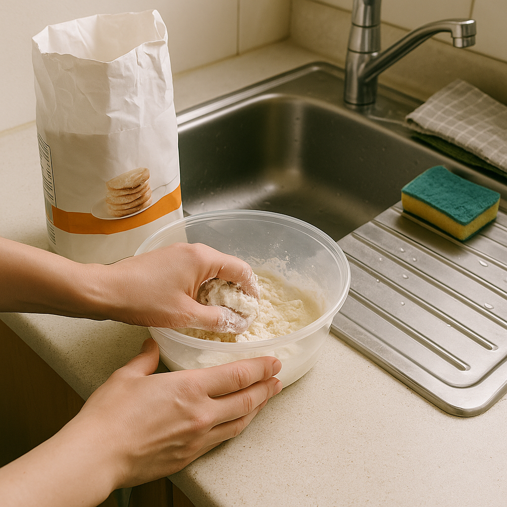 싱크대 위에서 유통기한이 지난 밀가루로 청소용 반죽을 만들고 있는 손의 모습