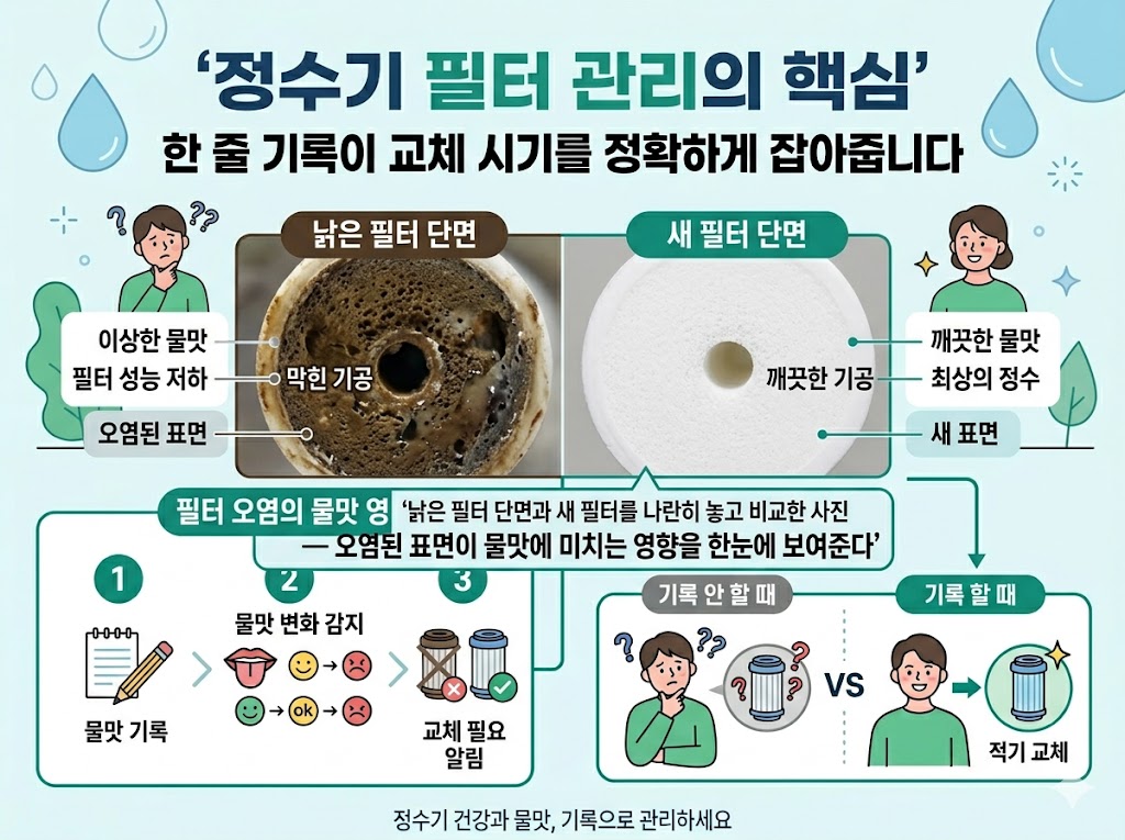 정수기 필터 노후화로 인해 물맛이 변하는 원인을 보여주는 필터 비교 이미지