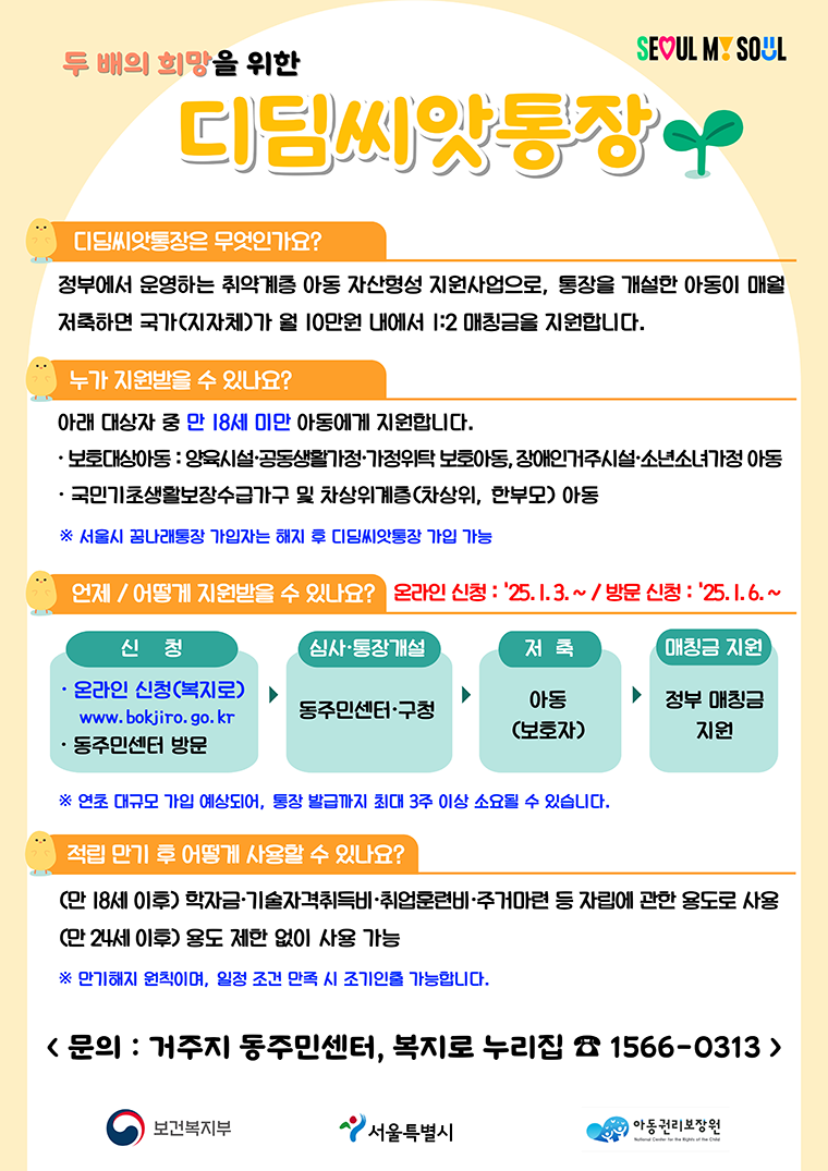 2025년부터 서울시 디딤씨앗통장, 기초수급&middot;차상위 아동도 가입 가능! [대상과 신청방법]