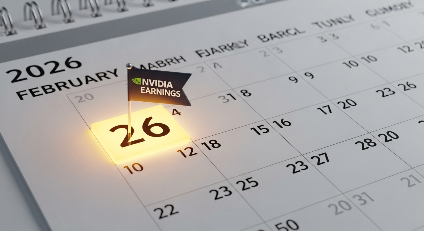 3D calendar image where the February 26th, 2026 date cell glows in gold with an 'NVIDIA Earnings' flag planted on it.