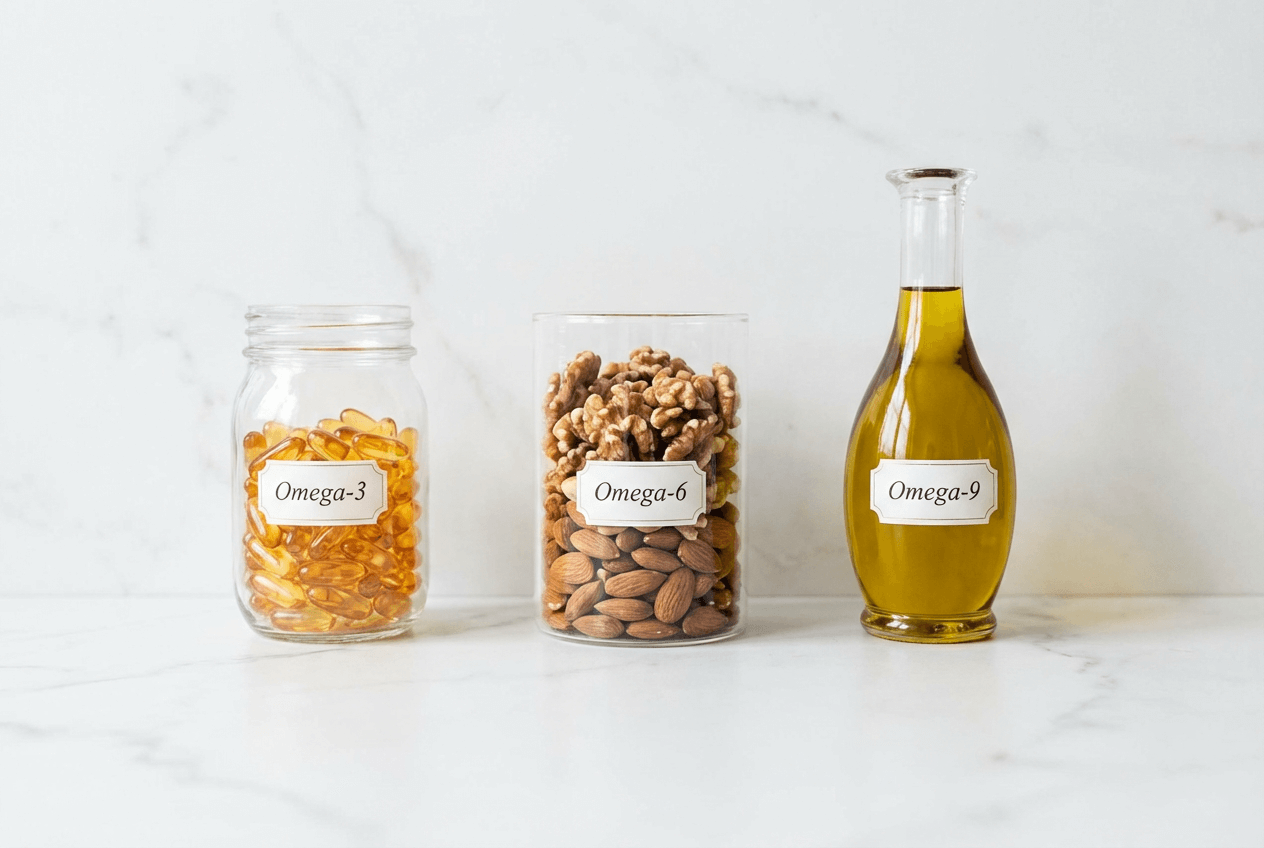 세 가지 오일 병이 나란히 놓인 모습, 왼쪽부터 생선 오메가3 캡슐·견과류·올리브오일, 깨끗한 흰색 배경과 자연광