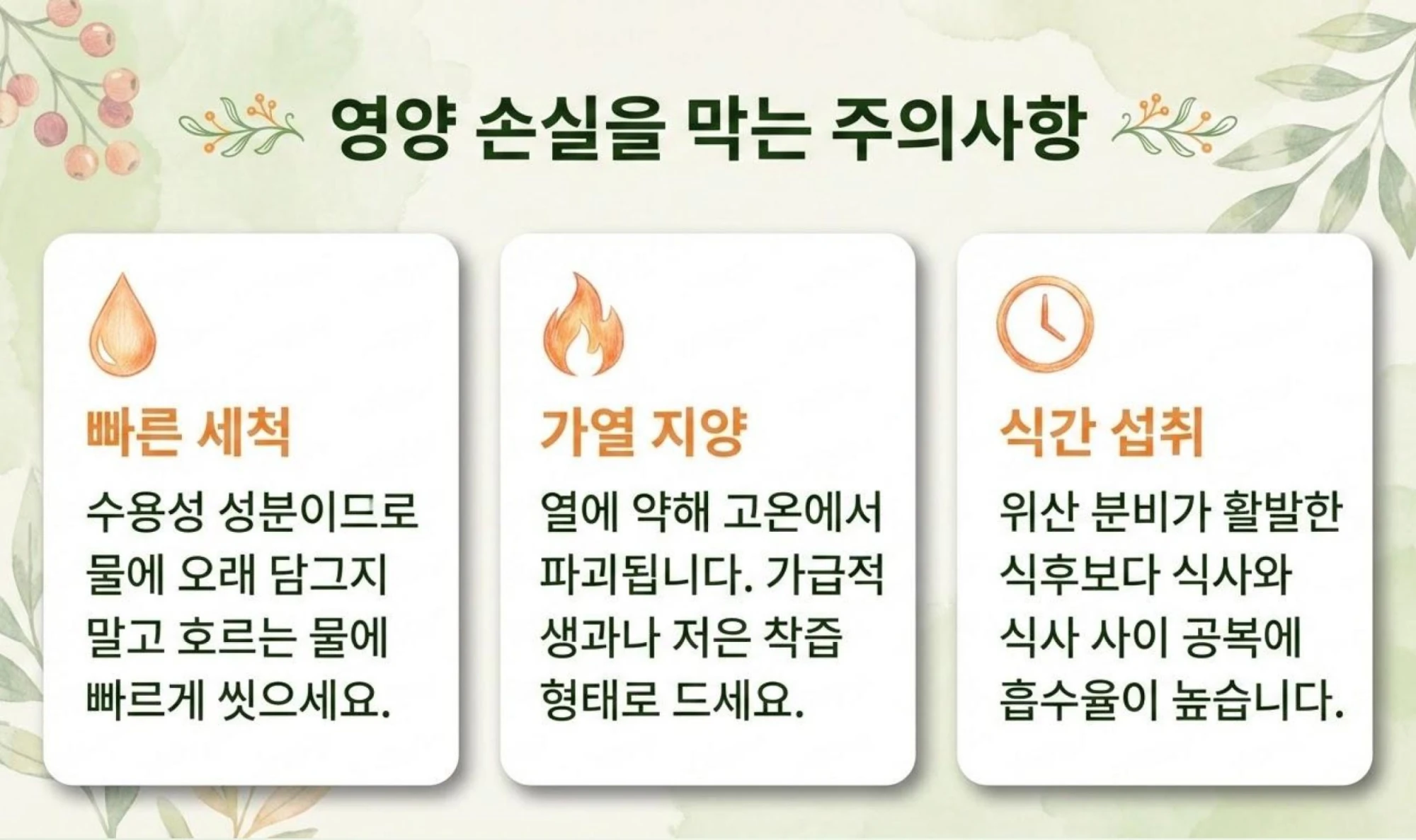 영양 손실을 막기 위한 빠른 세척, 가열 지양, 식간 섭취 타이밍 등 세 가지 주의사항 요약 정보