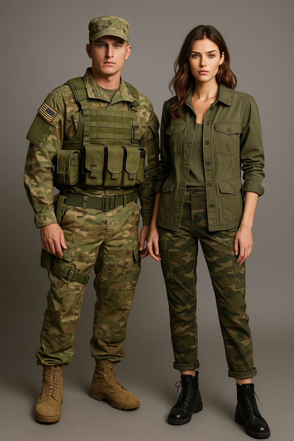 군용 전술 조끼와 카모복을 입은 남성과 캐주얼 밀리터리 셋업을 입은 여성이 나란히 서 있는 장면, 스타일 차이가 뚜렷함