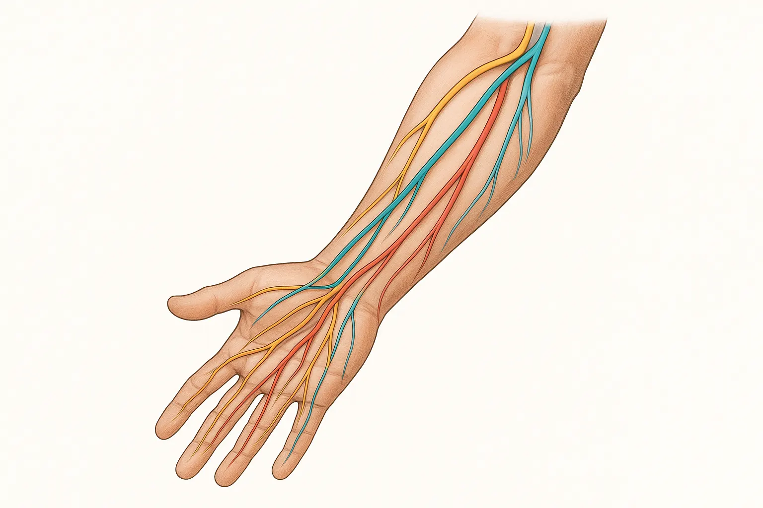 팔에서 손가락까지 이어진 신경 경로